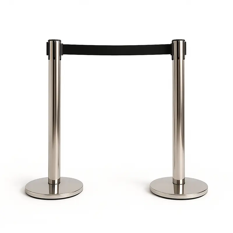 Stainless Steel Queue Barrier Post with Retractable Black Belt 1
